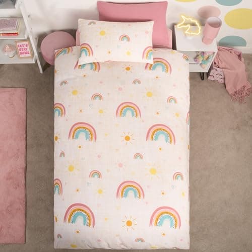 Image of Dreamscene Rainbow Duvet Cover with Pillowcase, Girls Single Duvet Cover, Bedding Single Bed, Children’s Duvet Covers & Sets, Kids Bed, Bedding Sets for Girls, Rainbow Bedding, Pink, Single 120x150cm
