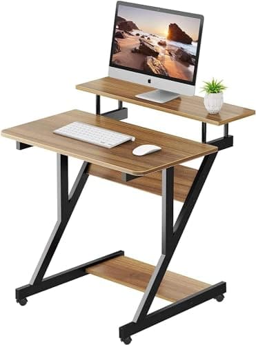 Image of Dripex Computer Desk with Monitor Shelf - Mobile Z Shaped Home Office Desk with Storage Shelves and Movable Wheels for Small Spaces, Compact Corner Desk Space-Saving, Walnut
