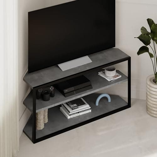 Image of HOCUS PICUS Modern Corner TV Stand for TVs up to 43 Inches, TV Cabinet Entertainment Center with Storage Shelf, Metal Frame, Particleboard TV Unit for Living Room Bedroom (Retro Grey)