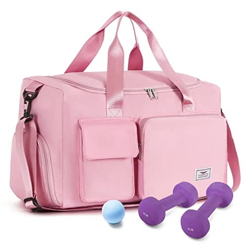 Image of FIORETTO Womens Mens Sports Gym Bag Duffle Bag with Shoes Compartment, Weekend Travel Bag Overnight Bag for Women, Water Resistant Holdall Hospital Bag for Swimming Pink
