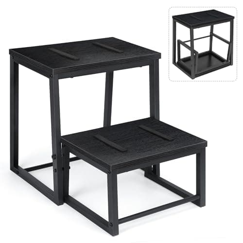 Image of LIANTRAL 2 Step Stools for Adults & Kids, Heavy Duty 2-in-1 Stepping Stools Adjustable Retractable Wooden Stool, Metal Frame, Non-Slip Bedside Foot Stool, for Bed, Kitchen, Bathroom, RV Step - Black
