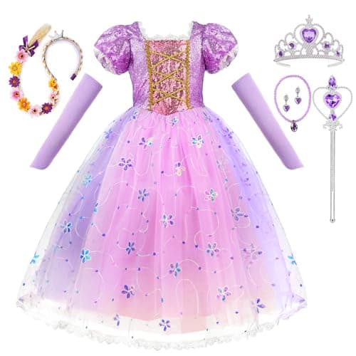 Image of AOOWU Princess Dress Costume,Princess Costumes for Girls,Girls Rapunzel Princess Costume with Glitter 5-Piece Set Purple Fancy Dress for Kids Birthday Party Halloween -110CM