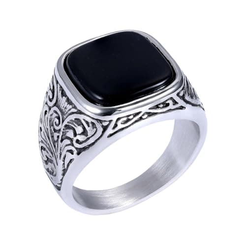 Image of Flongo Onyx Signet Ring for Men: Black Square Stainless Steel Biker Rings - Vintage Style Statement Chunky Seal Ring - Father's Day Gift - Size 12