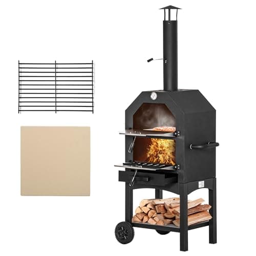 Image of Outsunny Outdoor Garden Pizza Oven Charcoal BBQ Grill 3-Tier Freestanding w/Chimney, Mesh Shelf, Thermometer Handles, Wheels Garden Party Gathering Stainless Steel Cooker