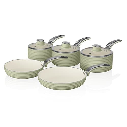 Image of Swan SWPS5020GN Retro 5 Piece Aluminium Pan Set with Glass Lid, Non-Stick Ceramic Coating, Green