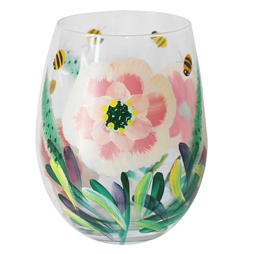 Image of Lesser & Pavey Peonies & Bees Stemless Glass | Lovely Gift for Women & Men | Designed By Lynsey Johnstone | Luxury Wine Glass for Every Occasions