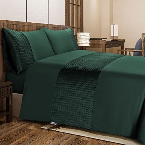 Image of Bronwen Mathews King Size Duvet Cover Set - Soft Microfibre with Quilted Square Velvet Band, Easy Care Wrinkle Free King Bedding Set of 3 Pcs (Bottle Green)