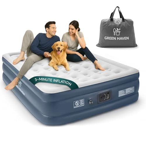 Image of Green Haven King Size Air Bed with Built-in Electric Pump – Self-Inflating Blow-Up Mattress for 2 Adults – Waterproof & Elevated for Camping, Guests, Indoor & Outdoor Us
