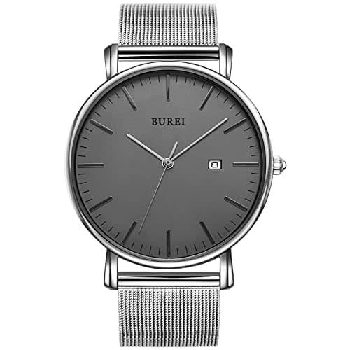 Image of BUREI Men's Watches, Classic Analogue Dial with Date Japanese Quartz and Ultra-Thin Stainless Steel Mesh Band (Dark Gray Silver, Stainless Steel)