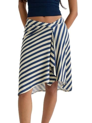 Image of SANSIWU Women Y2k Striped Long Skirt Low Waist Asymmetrical A-line Midi Skirt Summer Elegant Beach Party Maxi Skirts (Blue, M)