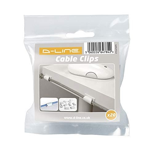 Image of D-Line, 20 x White Cable Tidy Clips - Low profile Self-Adhesive Cable Management Solution for Holding Phone Chargers & String Lights - Size: 26mm (L) x 15mm (W) x 8mm (H)