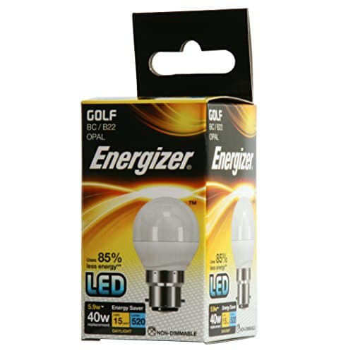 Image of Energizer B22 Golf LED Light Bulb - 5.9W with Opal Finish. Daylight 6500K, 520 Lumen Energy Saving Lightbulb. Non-Dimmable - Large Bayonet (Bc)