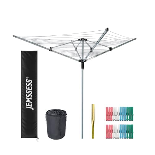 Image of JEMSSESS 4 Arm 60m Rotary Washing Line, Outdoor Clothes Airer with Ground Spike & Protective Cover & Peg Bag, UV-Resistant & Non-Slip Lining, Smooth Turns Umbrella System (Grey Pole)