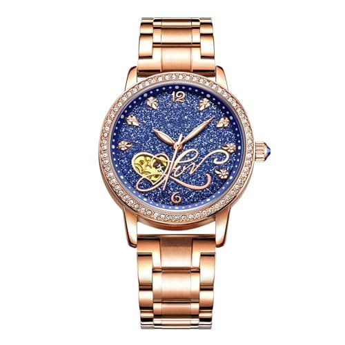 Image of RORIOS Women Automatic Mechanical Watch Shining Starry Sky Luminous Simulated Diamond Dial Stainless Steel Strap Ladies Wristwatches