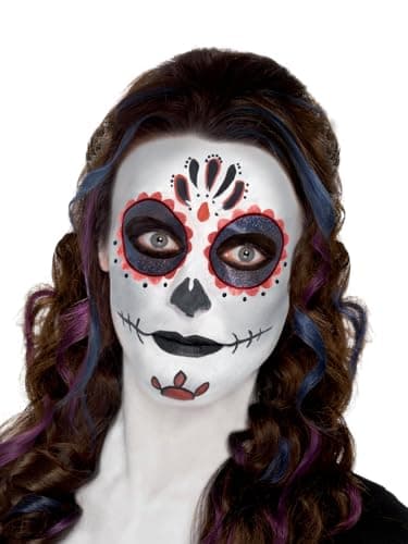 Image of Smiffys Make Up FX Day of the Dead Kit with Face Paints Face Tattoo Gem Stickers Crayon and Applicators Halloween Sugar Skull Makeup Set Adult Fancy Dress Accessory