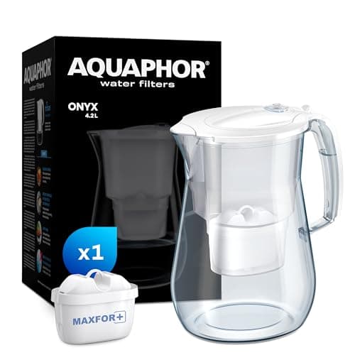 Image of AQUAPHOR Onyx White Water Filter Jug - Counter Top Design with 4.2L Capacity, 1 X MAXFOR+ Filter Included Reduces Limescale Chlorine & Microplastics Perfect for Families