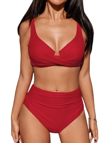 Image of CUPSHE Women's Bikini Sets High Waisted Underwire Adjustable Straps Ruched Full Coverage Bottom Two Pieces Swimsuit Solid Red M