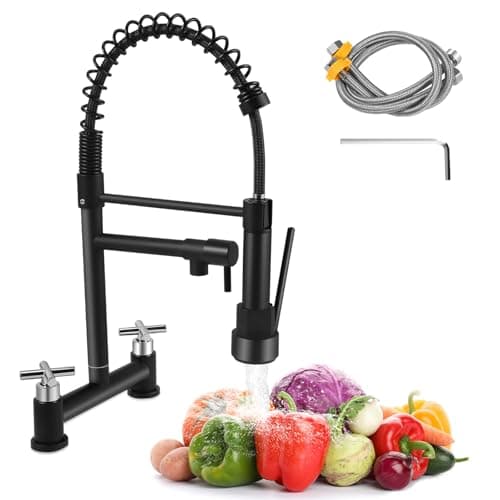 Image of Delousiber Matte Black Dual Lever Kitchen Sink Mixer Taps 2 Hole, Bridge Mixer Tap with 360° Swivel Spout, 180mm Centres Deck Mounted(UK 180mm Centre)(Black)