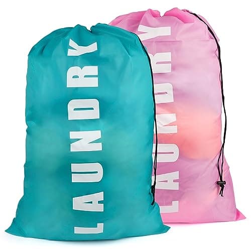 Image of 2 Pcs Large Laundry Bag, 24" × 36" Travel Laundry Bag, Foldable Laundry Bags for Laundry with Drawstring Cord, Washing Bags for Travelling, Camping, Home, Bathroom (Blue&Pink)