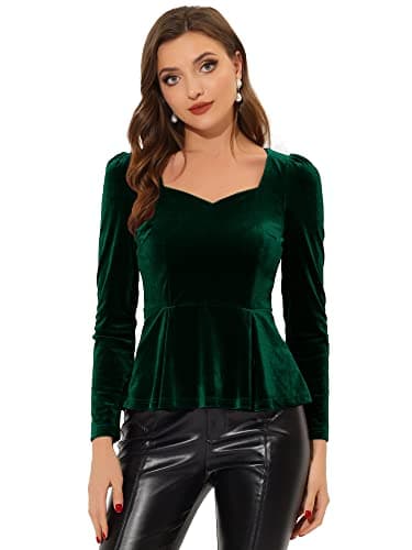 Image of Allegra K Women's Velvet Blouse Elegant Sweetheart Neck Long Sleeve Peplum Top Dark Green 20