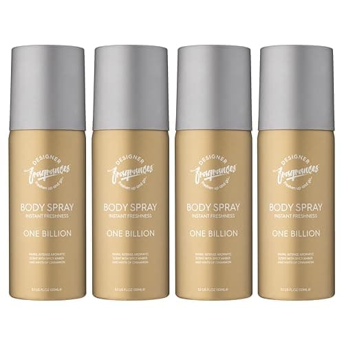 Image of Designer Fragrances 4 Pack One Billion Men's Body Spray Deodorant Cans - For Instant Freshness on The Go - Long Lasting Smell - Great Male Gift Sets - 150ml