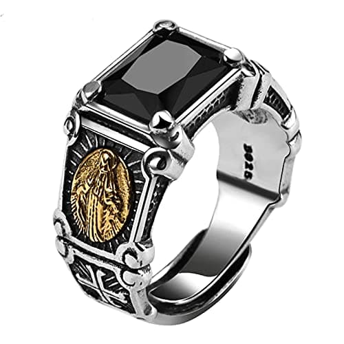 Image of Ysrpoud Rings, real 925 sterling silver black stone ring, man women virgin mary cubic zirconia onyx jewelry open size