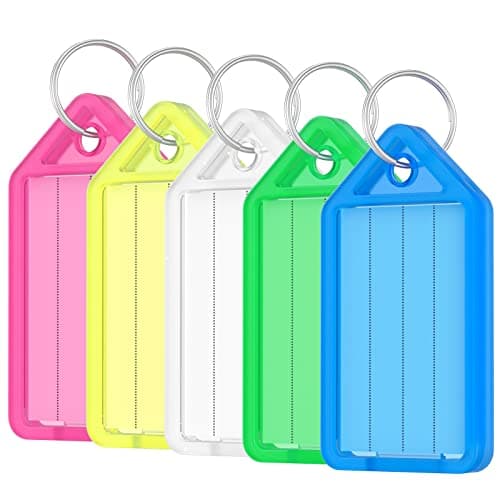 Image of Uniclife 40 Pieces Key Tags 5 cm Plastic Key Chain Tags with Ruled Blank Paper Labels Transparent Covers and Split Rings Sturdy Item Identifiers, 5 Colors