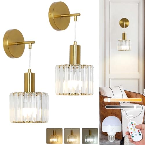 Image of Stepeak Battery Operated Wall Lights Set of 2, Wireless Wall Lights Battery Operated with USB Bulb & Remote, Glass Rechargeable Wall Light Indoor, Gold Rechargeable Wall Sconces for Bedroom, Bathroom