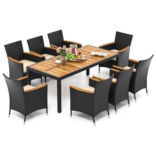 Image of COSTWAY 5/9 Piece Patio Rattan Dining Set, Wicker Garden Table and Chairs Set with Umbrella Hole, Acacia Wood Tabletop & Cushions, Outdoor Dining Furniture Conservatory Set (Brown+Natural, 9 PCS)