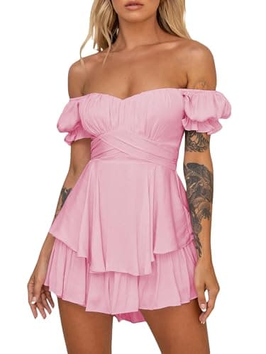 Image of Springcmy Women Puff Sleeve Square Neck Romper Dress Off Shoulder Ruffle Shorts Smocked Layered Flowy Jumpsuit Beach Swing Dress (A-Pink, S)