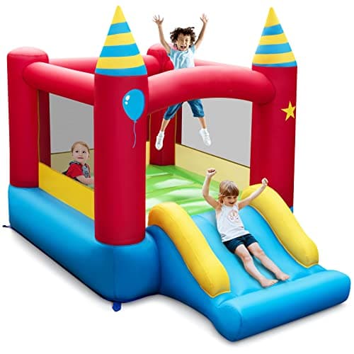 Image of Maxmass Kids Bounce House, Inflatable Bouncy Castle with Carry Bag and Slide, Indoor Outdoor Children Jumping House Blow up Castle for 3-10 Years Old (Birthday Theme)
