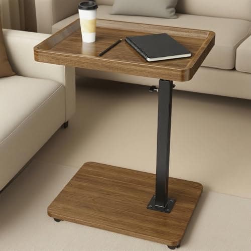 Image of Lnopever Adjustable Side Table C Shaped Side Table with Wheels & 360° Swivel Tray, Swivel Side Tables for Living Room, Swivel Sofa Table C Table for Small Spaces & Bedroom (Walnut)