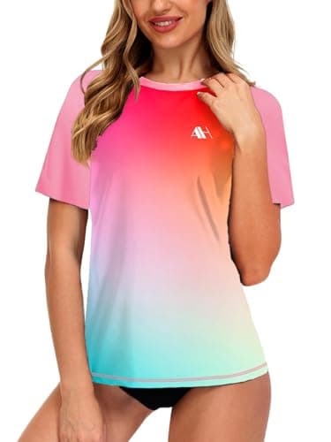 Image of Womens Rash Vest Short Sleeve UPF 50+ Swim Shirt Gradient Rash Guard Running Top Swimming Top Pink Green XL