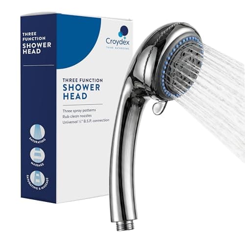 Image of Croydex Three Function Shower Head Chrome - Sturdy Shower Handset with Three Spray Patterns, Easy-Clean Spray Plate and Rub Clean Nozzles, Compatible with All 1/2" Threaded Fittings