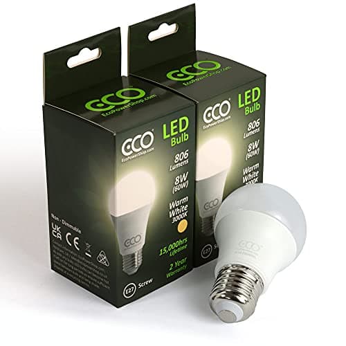 Image of ECO 60W E27 Edison Screw Energy Saving LED Light Bulbs, Warm White 3000K, Low Energy 8W LED, 806 Lumens, 15,000Hrs Lifetime. 2xPACK.