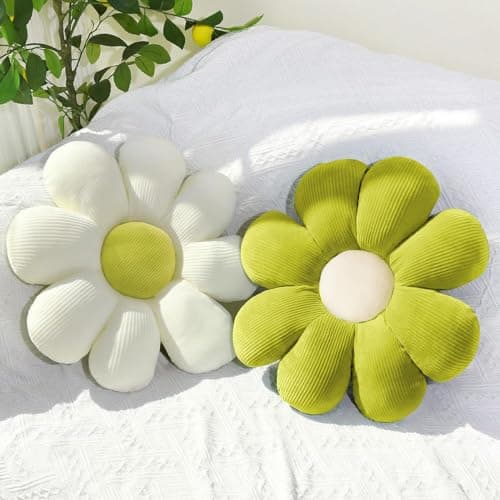 Image of Duscdesp 2 Pcs Flower Pillow,Cute Pillows Floor Cushion 38cm Flower Cushion,Floor Pillow Floor Cushions for Kids Girls,Aesthetic Room Sofa Chair Decor (Green+White, 38CM)