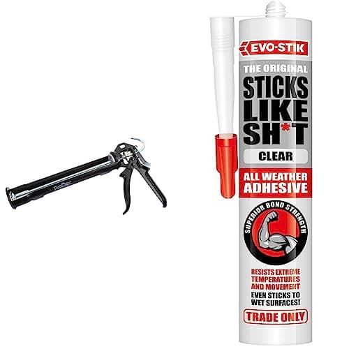 Image of ProDec PRCG11 Advance Heavy Duty Revolving Caulking Gun for Applying 400ml and 310ml Cartridge Caulks, Sealants, Black & EVO-STIK Sticks Like Sh*t Adhesive, All Weather, Clear, 290ml