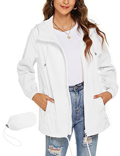 Image of Rapbin Waterproof Raincoat Women Jackets Hooded Thin Packable Rain Jacket Outdoor Active Cycling Running Jacket(White,M)