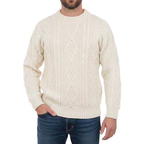 Image of 100% Pure British Wool Jumper for Men - Made in the UK - Cable Knit, Crew Neck warm Arran Jumper - Heavy Knit Pullover - Round Neck Winter Sweater - Cream colour, size L - Gifts for Men