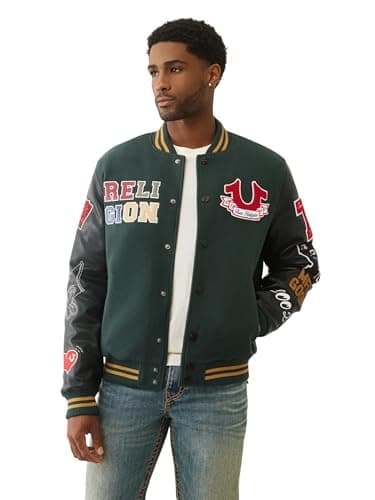 Image of True Religion CAT Varsity Bomber Jacket for Men - Premium Cotton & PU, Iconic Varsity Outerwear, Green Gables/Jet Black, 3XL