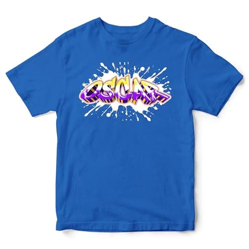 Image of Personalised Graffiti Name T Shirt for Kids Custom Paint Splatter Tee Boys Girls, 12-13 Years, Royal Blue
