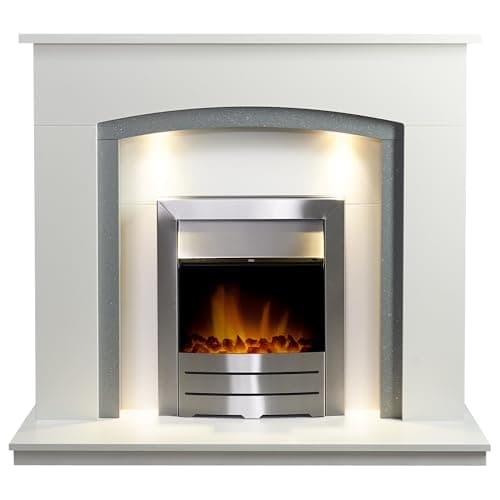 Image of Adam Savanna Fireplace in Pure White & Grey with Downlights & Colorado Electric Fire in Brushed steel, 48 Inch
