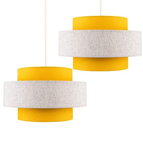 Image of MiniSun | Modern Ceiling Light Shades in a Mustard and Grey Herringbone Finish | Pendant Lights, Home Décor & Improvement Essential | Set of 2 | Includes 10W GLS Bulbs | 30cm Shade Width