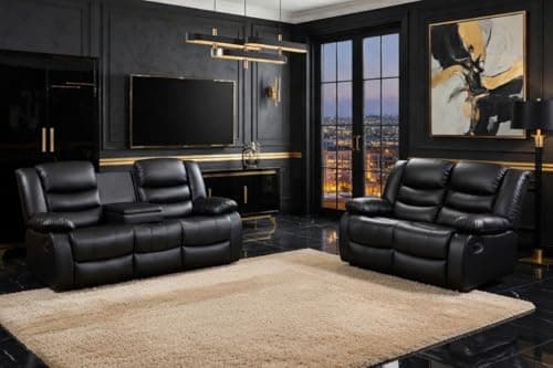Image of MNS - Leather Recliner Sofa with Cupholders - 3+2 Seater Sofa - Black (3+2 Seater)