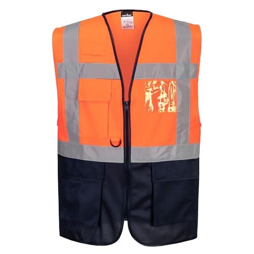 Image of Portwest C476 Warsaw Executive Hi Vis Vest with Pockets and Zip Mens Reflective Safety Gilet Hivisible Workwear Polyester Construction Roadwork Warehouse Site Highways, Orange/Navy, L
