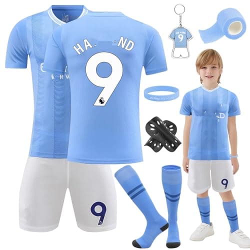 Image of Heartsking Kids Football Kit, Home & Away Soccer Jerseys, Training Shirts, Shorts, Socks, Guards, Plate, Keychain, Bracelets, Bandages, Gifts for Children (A, 8-9 Years, Unisex)