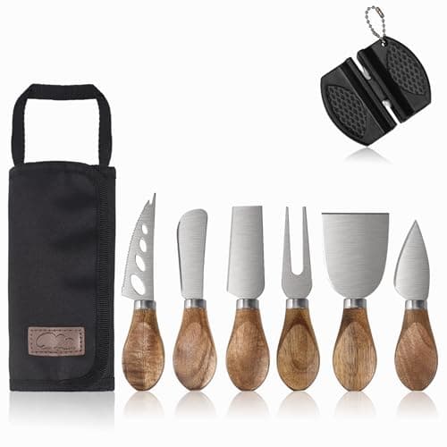 Image of Esie Houzie Charcuterie Board Accessories - 6 Piece Cheese Knife Set Stainless Steel with Acacia Wooden Handle for Cheese Serving Cutting, Cheese Tools Butter Knife with Storage Bag Included Gift Set