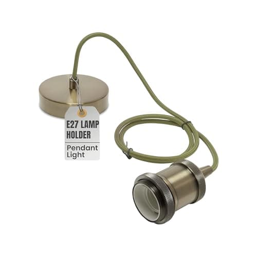 Image of LEDSone Green Brass Vintage Metal Ceiling Pendant Light Fitting Army Green Round Braided Flex 1m Cable, E27 Lamp Holder Suspended Pendant Light Fitting Kit