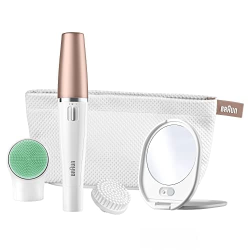 Image of Braun FaceSpa Face Epilator, Hair Removal with Facial Cleansing Brush Head, Lighted Mirror and Beauty Pouch, 851V, White