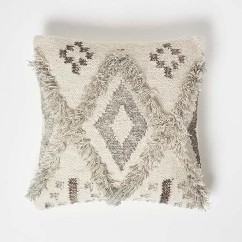 Image of HOMESCAPES Handwoven Tufted Kilim Cushion Beige 100% Cotton & Wool Geometric Cushion Traditional Authentic Design with Super Microfibre Cushion Insert 45 x 45 cm